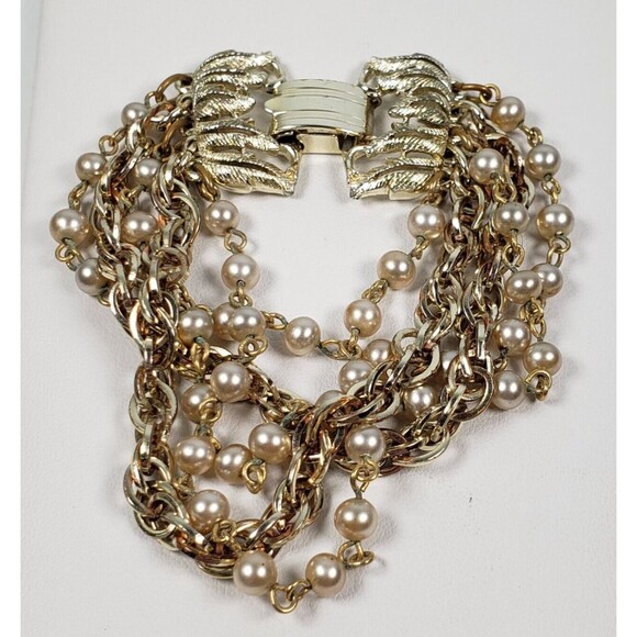 Vintage 1990's Signed Star 5 Strand Gray Pearl Beads Chains 6 1/2 Bracelet - Picture 3 of 15